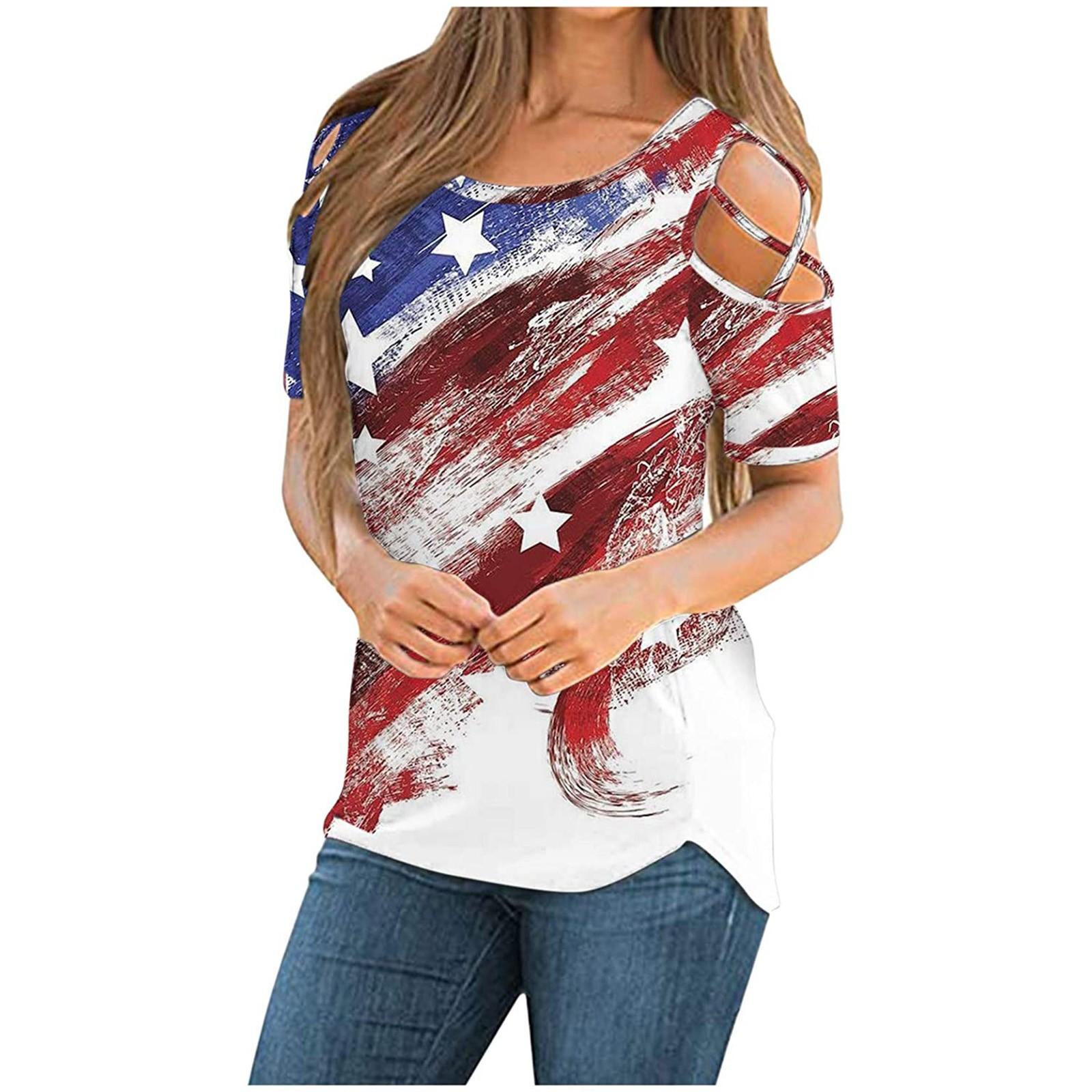 

Womens Casual Off Shoulder Short Sleevein Dependence Day Printed T-Shirt XL красный