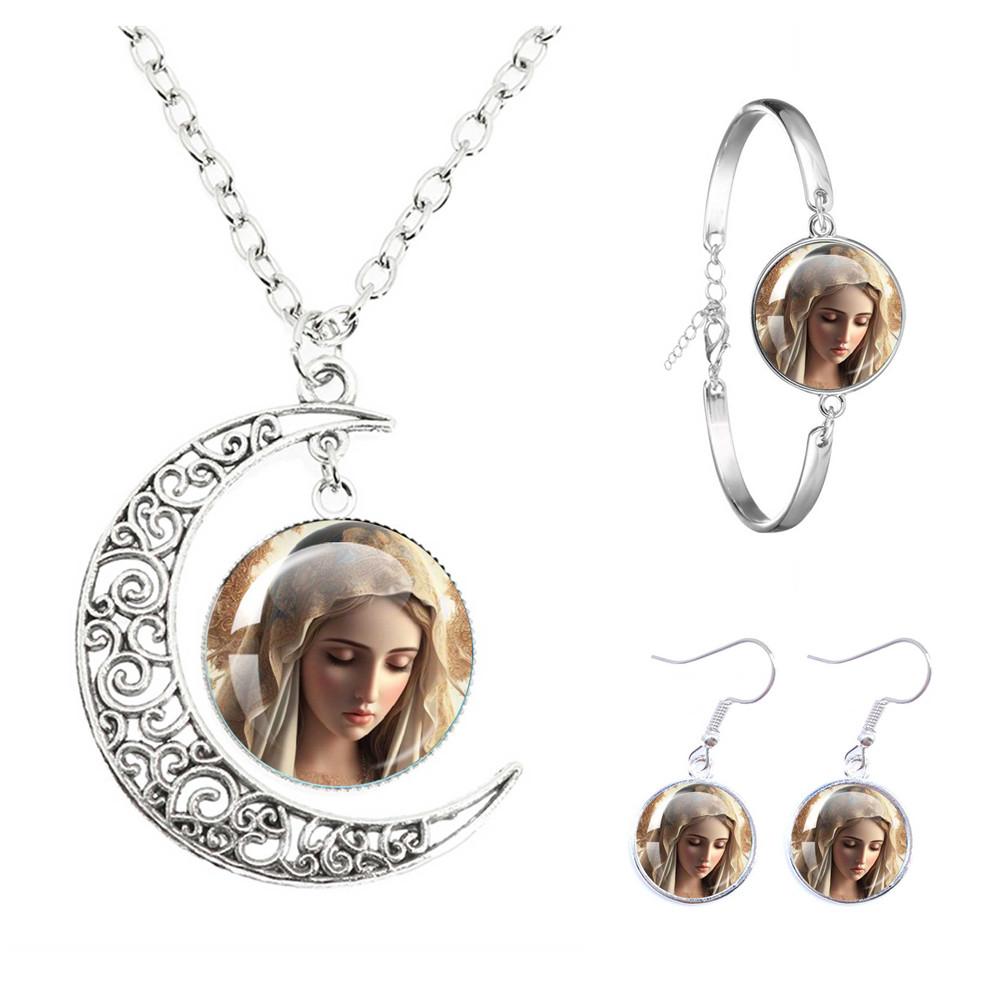 Virgin Mary And Baby Jesus Catholicism The Moon Necklace Earrings Bracelet Set Religious Glass Cabochon Pendant Gift Jewelry