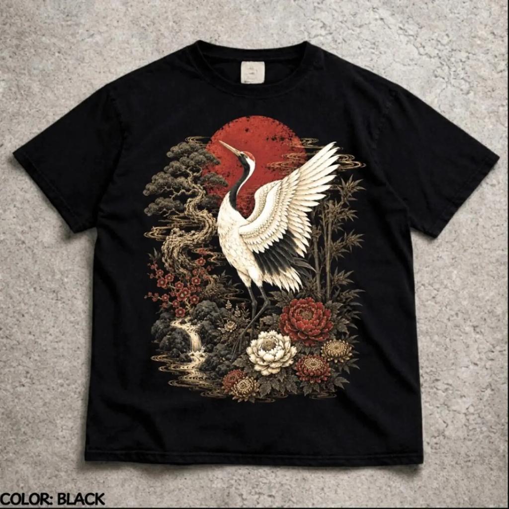 Japanese Crane T Shirt Vintage Asian Bird Red Sun Floral Vintage Washed Versatile Graphic Homme Unisex Top For Everyday Wear