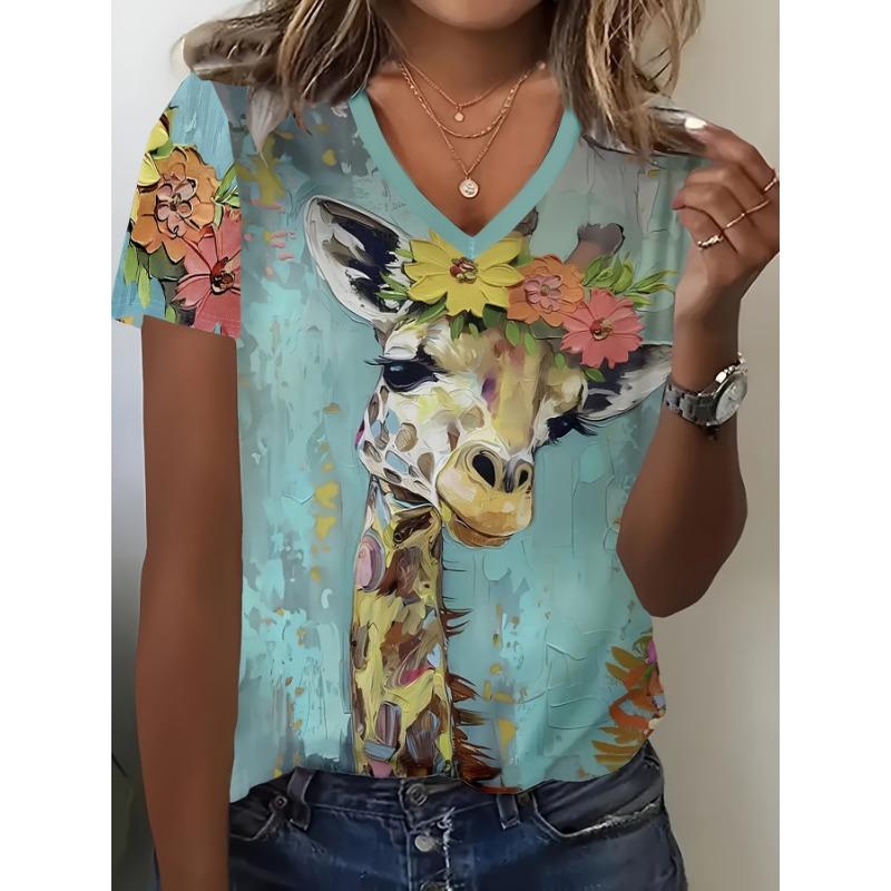 Giraffe print short-sleeved V-neck T-shirt plus size S