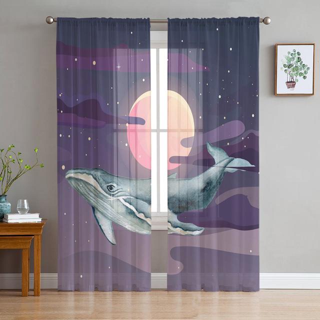 Whale Animal Illustration Tulle Curtains For Living Room Decoration Modern Chiffon Sheer Voile Kitchen Curtain