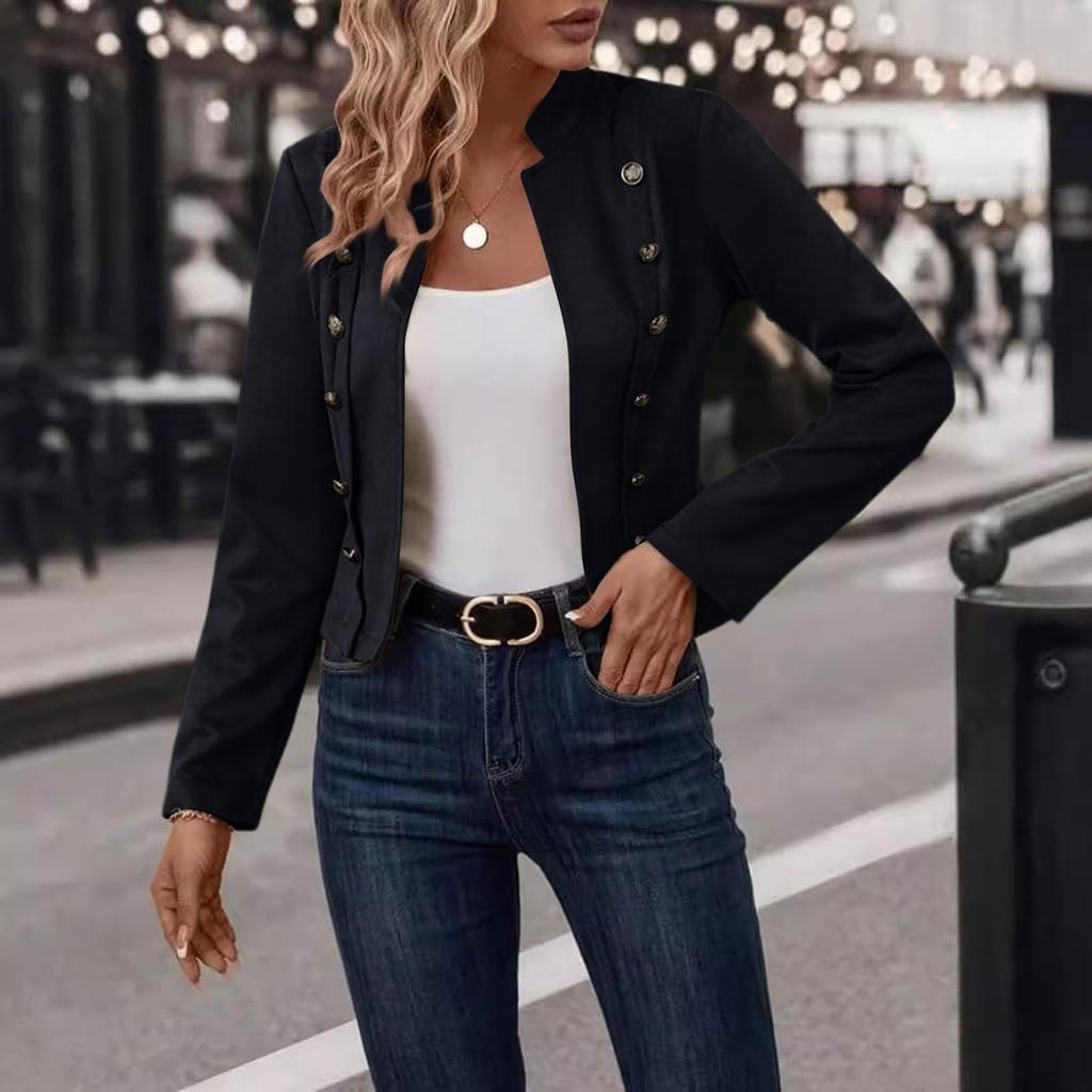 Chaqueta Crop Ajustada de Manga Larga con Abertura Frontal Casual de Negocios para Mujer
