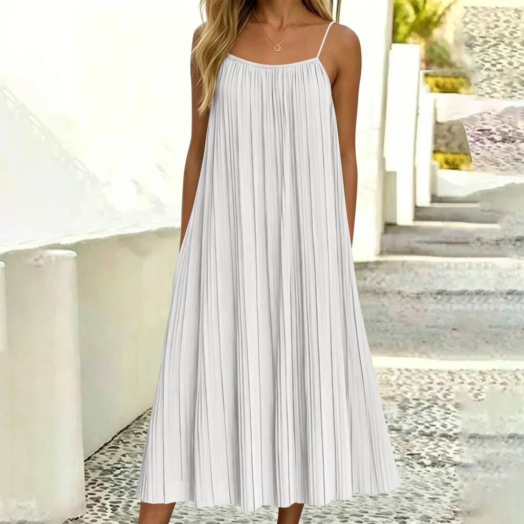 Damen Casual Ärmelloses Plissiertes Träger-Midikleid Lockere Passform