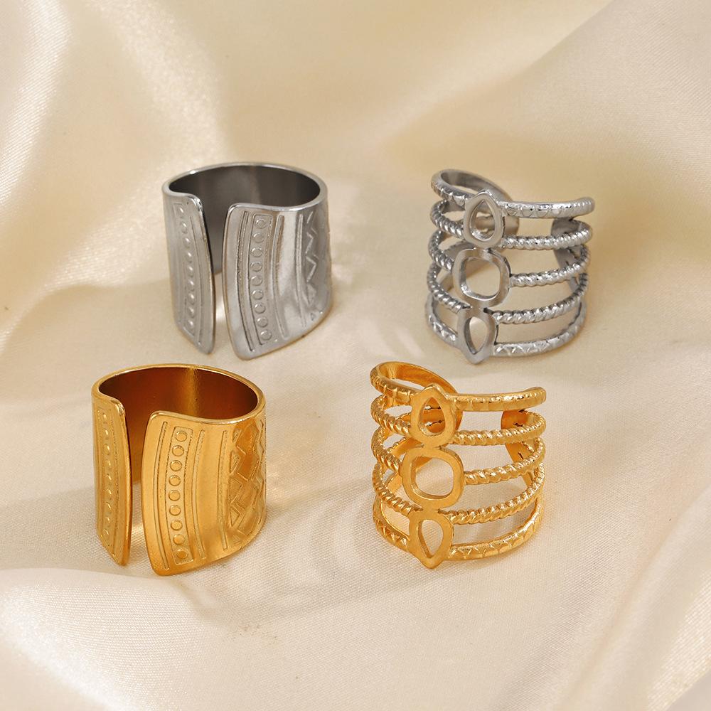Exaggerated Trendy Geometric Line Ring Woman And Men Individual Ethnic Style Gold Plated Stainless Steel Open Rings