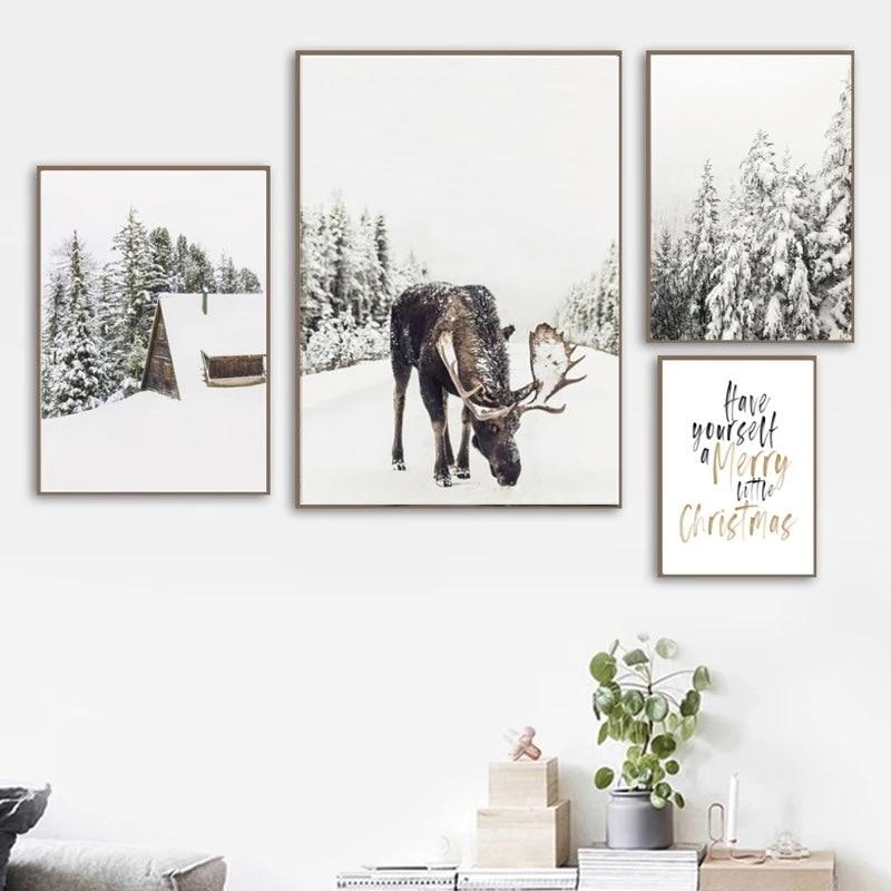 Christmas Decor Winter Snow Forest Deer Elk Owl Sunlight Painting Scenery Home Decor Canvas Poster Art Print Wall Picture