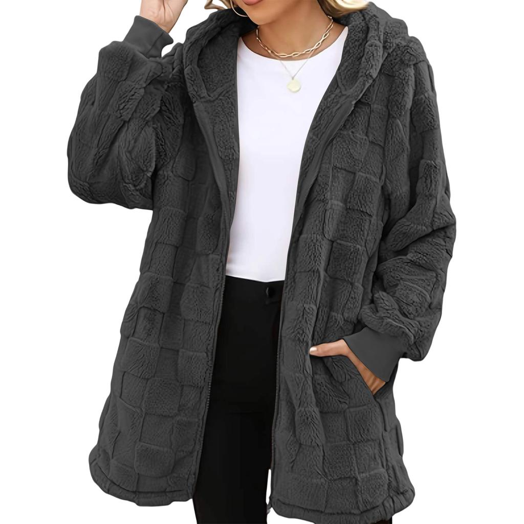 Women's Fashionable Casual Warm Thick Checkered Plush Mid-length Elegant Button And Zipper Cardigan Coat
