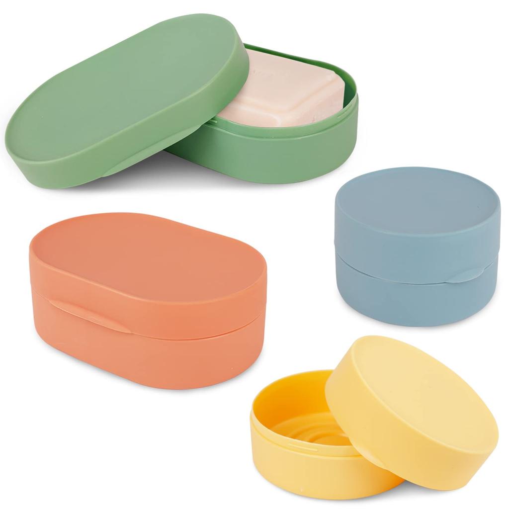 4 Pcs Travel Soap Box Holder Case, Portable Leak Proof Round Soap Dishes Container with Lid for Shower Gym Bathroom