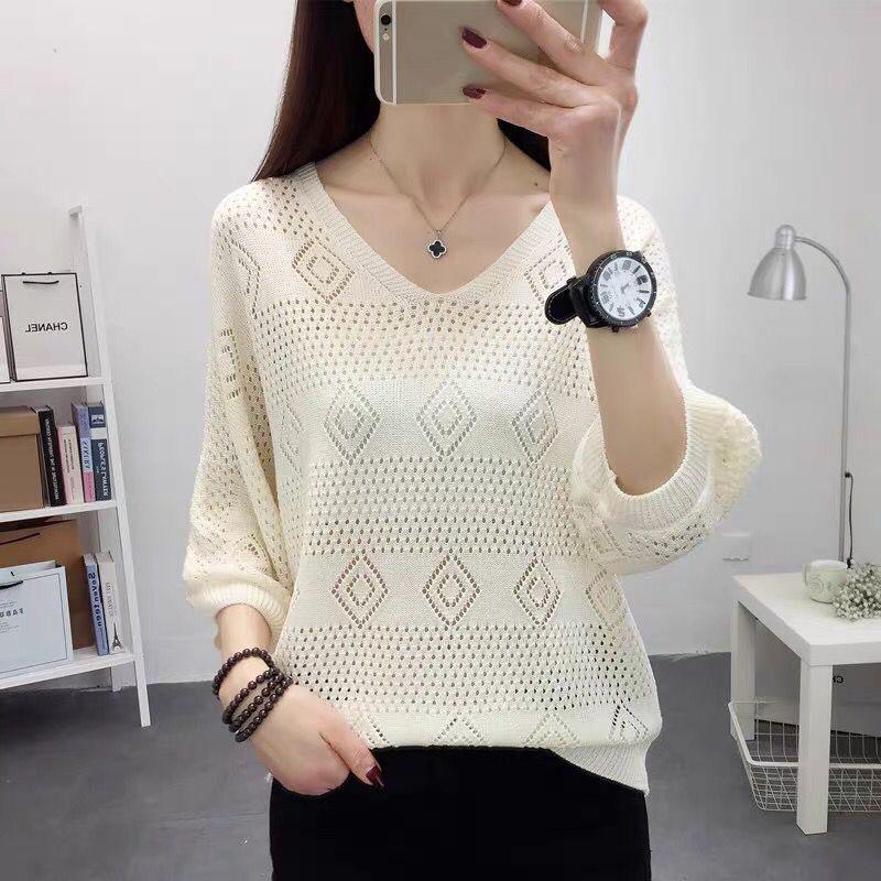 Women's V-neck Hollow Knitted Sweater Loose Bat Sleeve Ladies Top Short Thin Knit Pullovers for Women