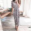 Women Casual Stand-up Collar Printed Shirt Button Belt Short-sleeved Long Skirt