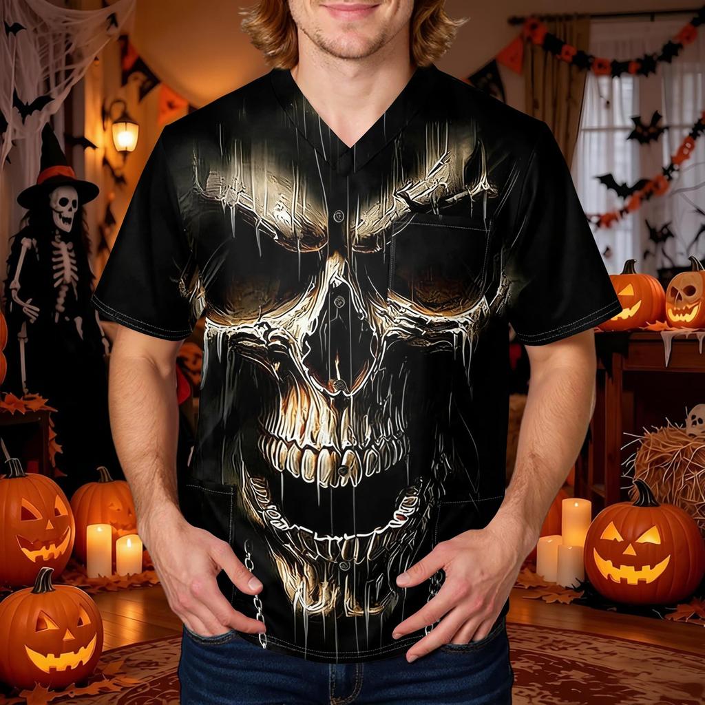 Men's Halloween Printed V-Neck Short Sleeve Scrub Top with Pocket
