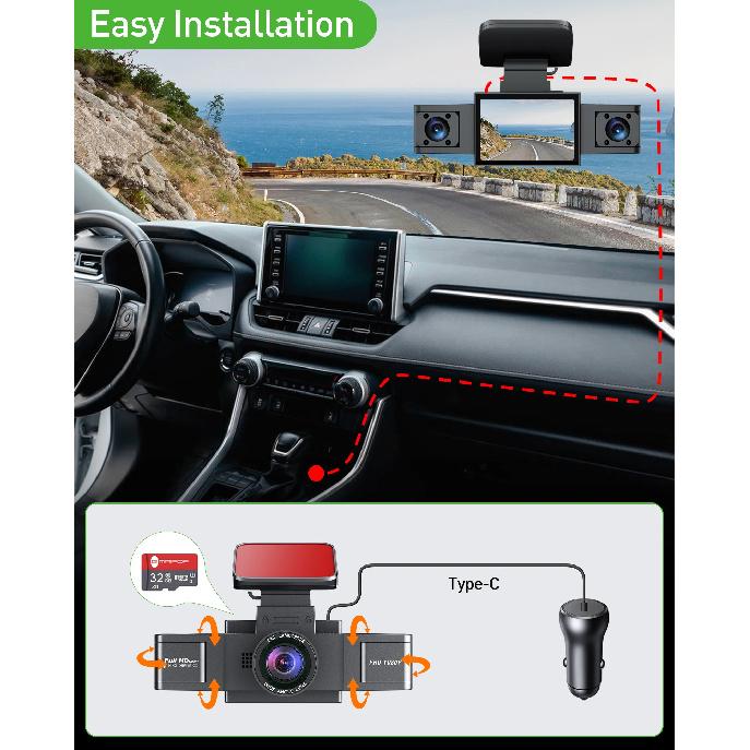3 Channel Dash Cam Video Recorder Three Lens Car Camera with Rear View DVR 24H Parking Monitor Black Box Car Accessories