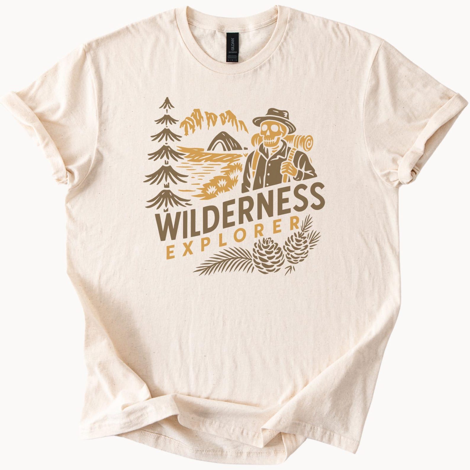 Wilderness Explorer Skeleton Hiking Graphic T Shirt Camping Adventure Nature Mountains Trees Pinecones Outdoor Camper Tee 160