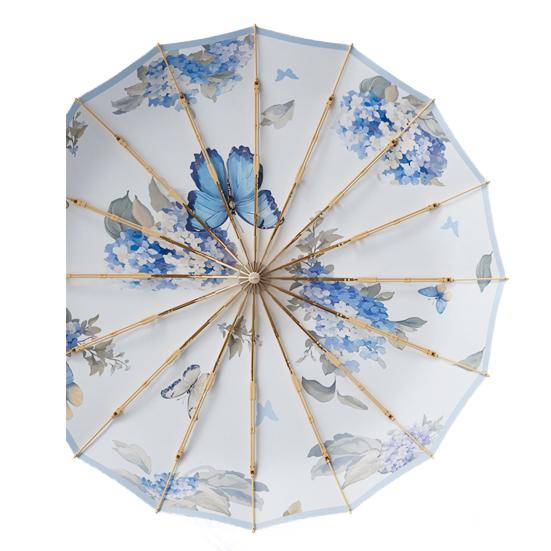 Paraply i kinesisk stil, sammenleggbar, solblokkerende, UV-beskyttelse, tredelt paraply, vanntett, vindtett, 16 spiler, bærbar, menn, kvinner, sol- og regnparaply