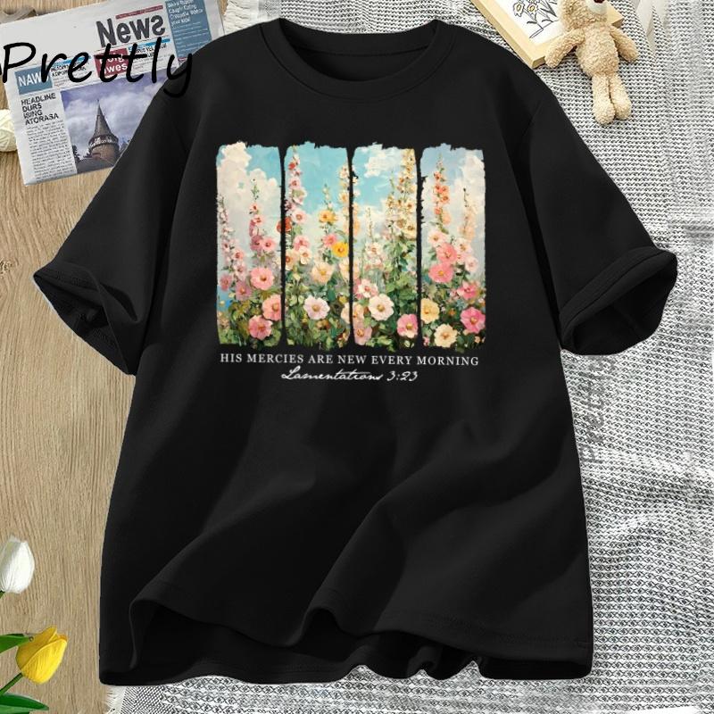 Retro Flower Print Cotton Clothing T-Shirt for Woman Are New Every Morning T Shirt Cozy Tee
