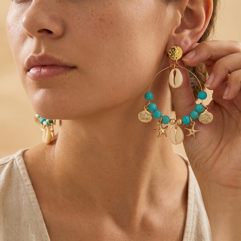 Aesthetic Turquoise Shell Dangle Earrings for Women Face-Framing Large Boho Hoops Photogenic Summer Vacation Jewelry Gift