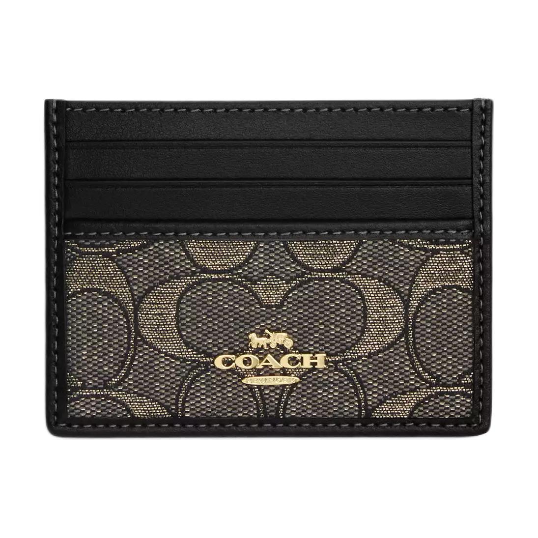 Coach Monogram Print Metal Signature Jacquard Id Card Holder Women Card Holder Charcoal-Gray Gold CCO34-IMYF5 Charcoal Gray & Gold