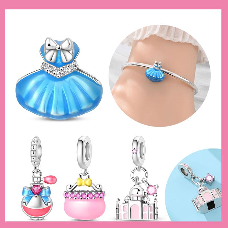 Copper Charms Blue Princess Dress Perfume Bottle Pink Bag Beads Pendant Fit Original Bracelet Diy Jewelry For Women
