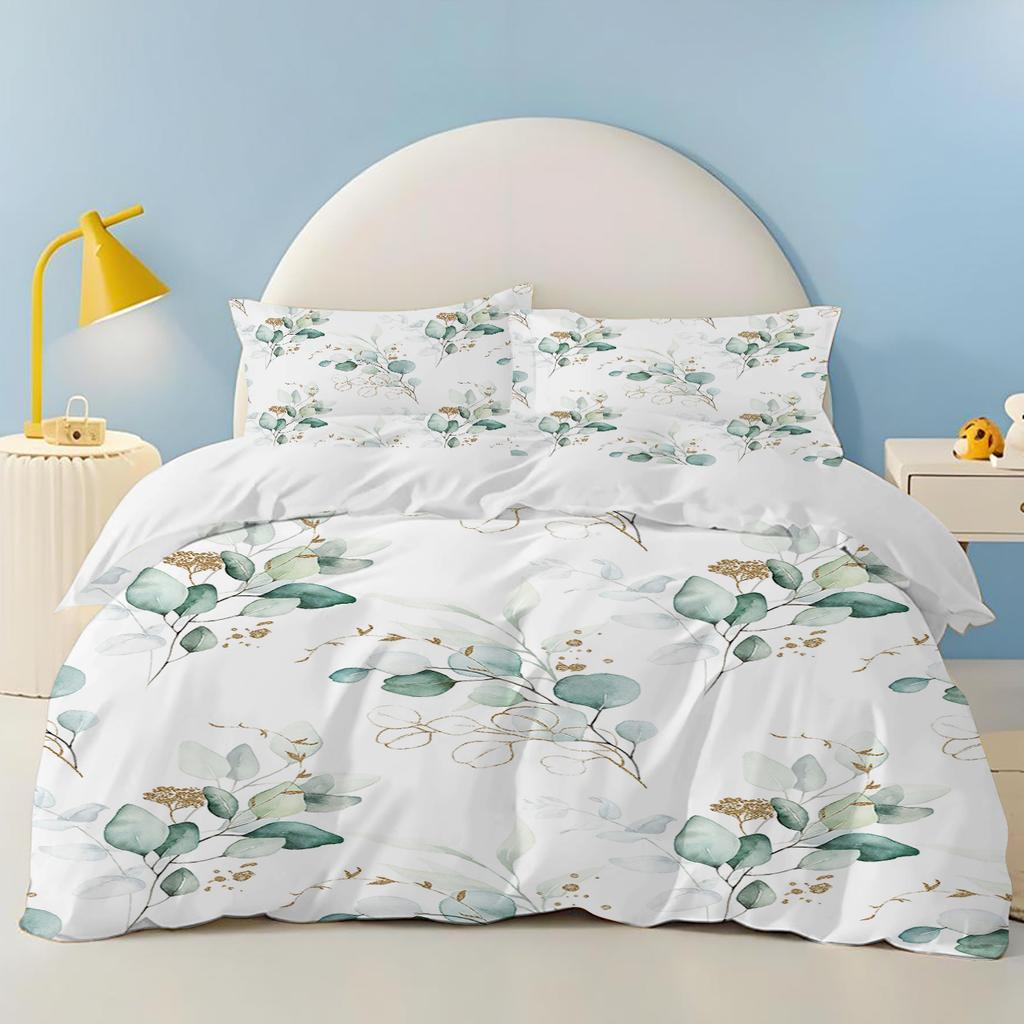 Green plants Palm leaves 100% PolyesterAnime Printed Bedding Set Duvet Cover Queen Cotton Cute Printed Cartoon Quilt Cover