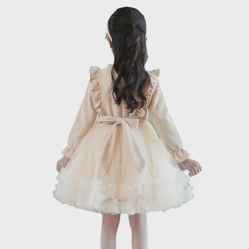 2024 Autumn/Winter Girls’ Long-Sleeved Bow Dress - Trendy, Sweet First Birthday Cake Design