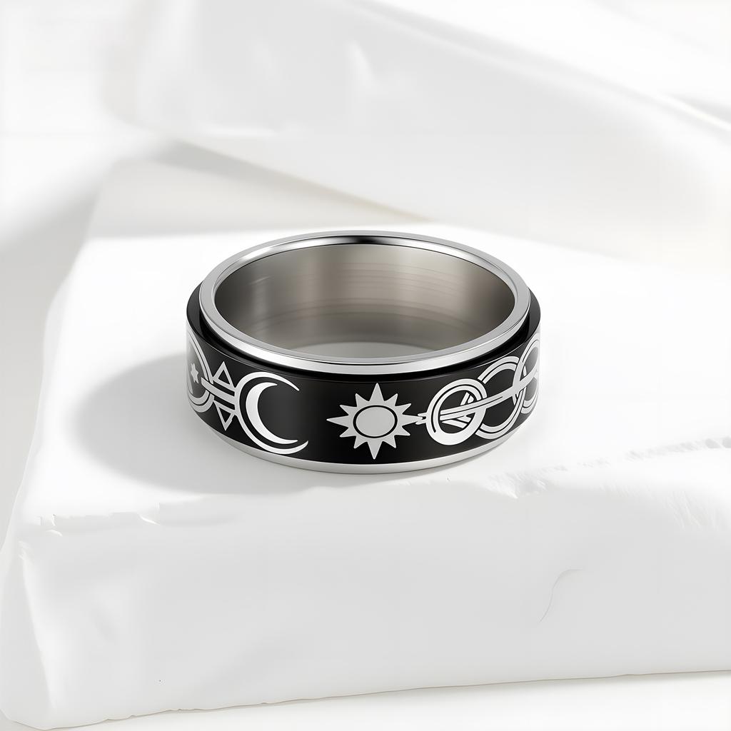 Rotatable Stress Relief Ring Eternal Star And Moon Design Mens Fashion Jewelry
