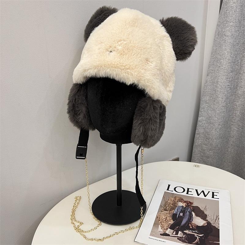 

Cute plush panda children who can be used as bags, winter cycling to keep warm, ear protection, versatile ski hat tide Adjustable серый