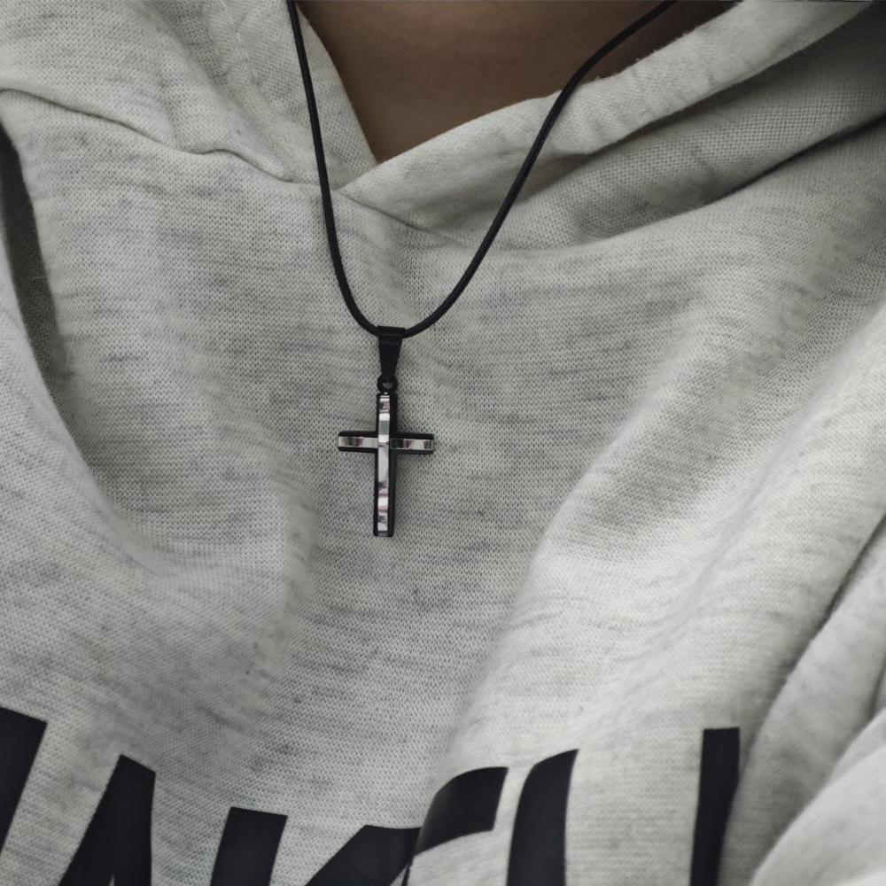 Stainless Steel Double-layer Cross Leather Rope Necklace for Women Men Silver&Black Trendy Jewelry Gift