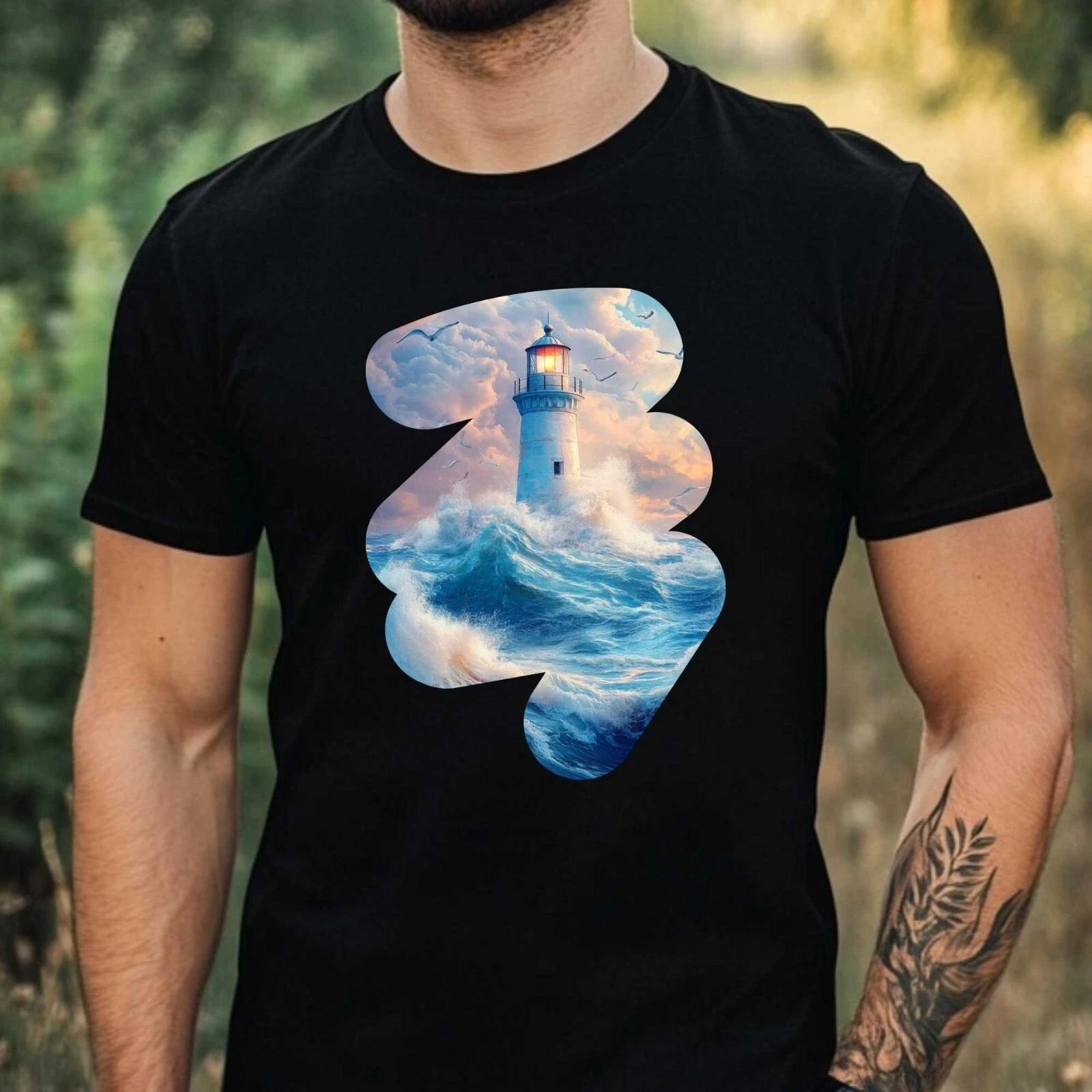 T-Shirt Herren Blauer Leuchtturm Motiv Baumwolle Größe XS bis 5XL S