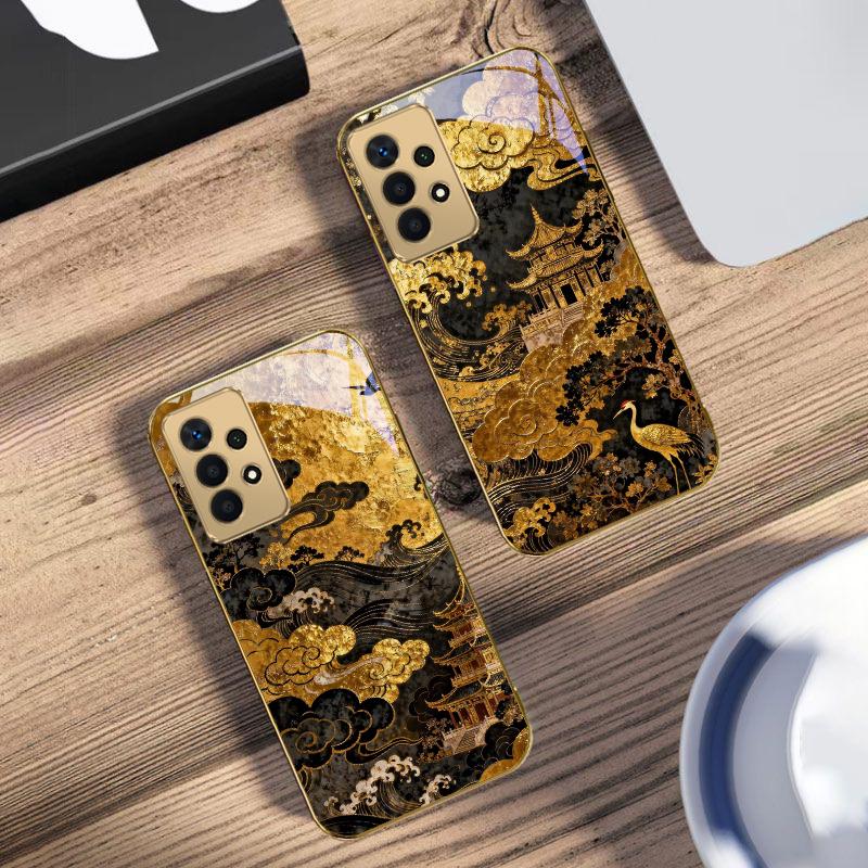 Golden Surging Waves For Samsung A 01 52S A04 A05S A10 A12 A13 22 23 24 36 42 M02 Note 10 20Ultra 8 9 Golden Glass Phone Case
