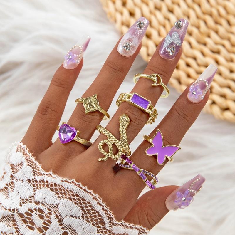 New purple oil drop diamond butterfly ring set, hollow snake ring seven-piece set for women