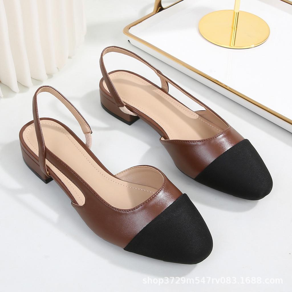 Women's Spring French-Style Square-Toe Chunky Heel Shoes with Color-Blocked Open-Back Flat Sandals In Plus Sizes