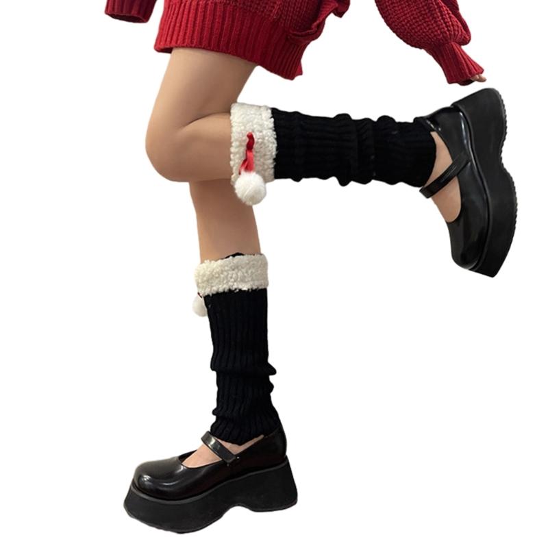 Women Winter Ribbed Knit Leg Warmer Stockings Y2K Harajuku Furry Trim Plush Ball Bow Christmas Leg Cover Long Boot Socks