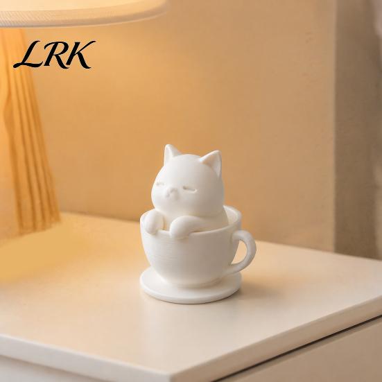 Cute Cat Cup Ornament 3D Printed Teacup Figurine, Mini Animal Statue Healing Decor Ornament, Smooth Kitten Figurine White Desktop Sculpture