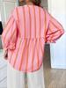 Womens Summer Striped Puff Sleeve Babydoll Blouse V Neck Loose Fit Top