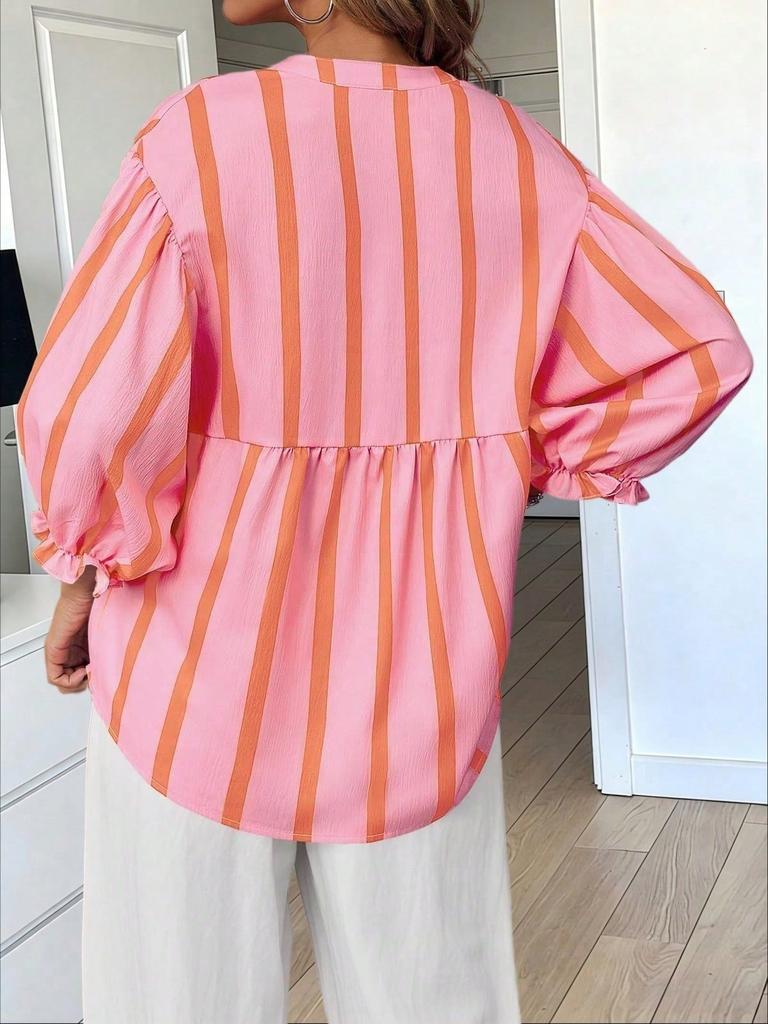 Womens Summer Striped Puff Sleeve Babydoll Blouse V Neck Loose Fit Top