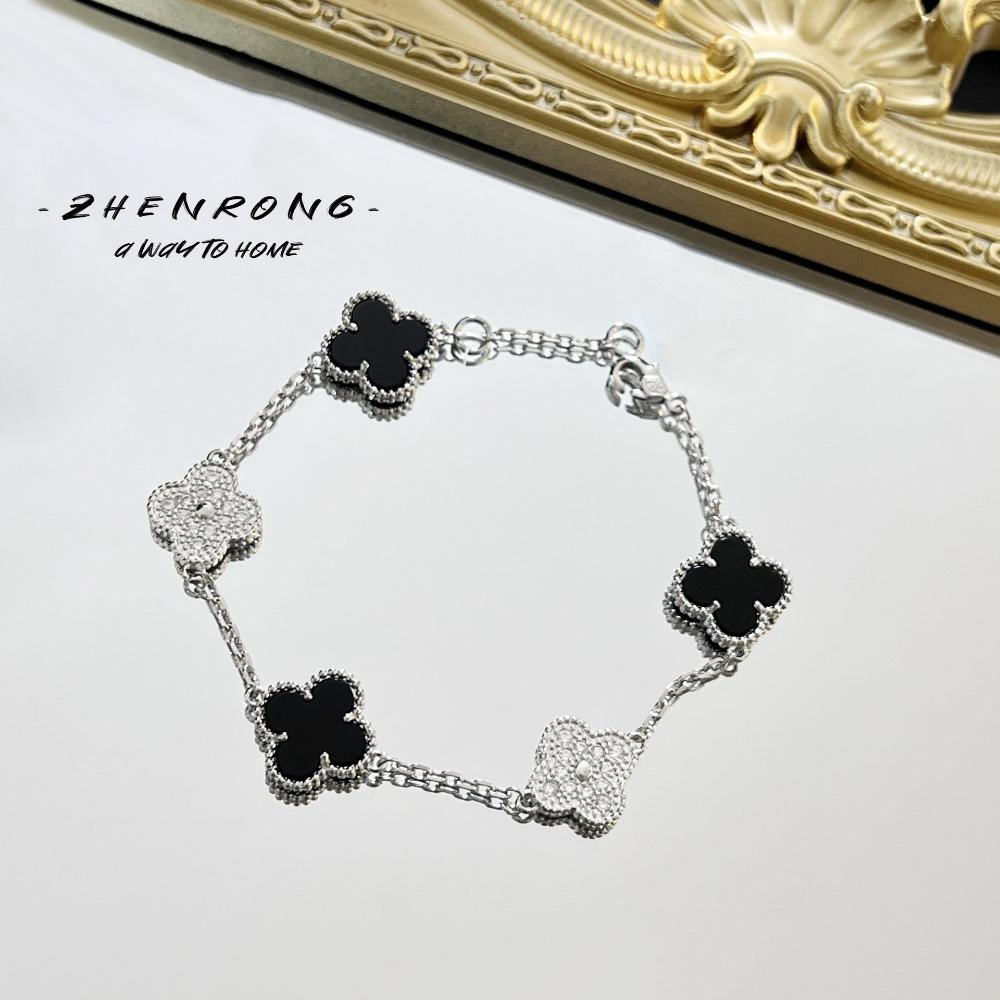 

Stylish Women Bracelet Black Onyx Floral Design with Panda and Clover Charms