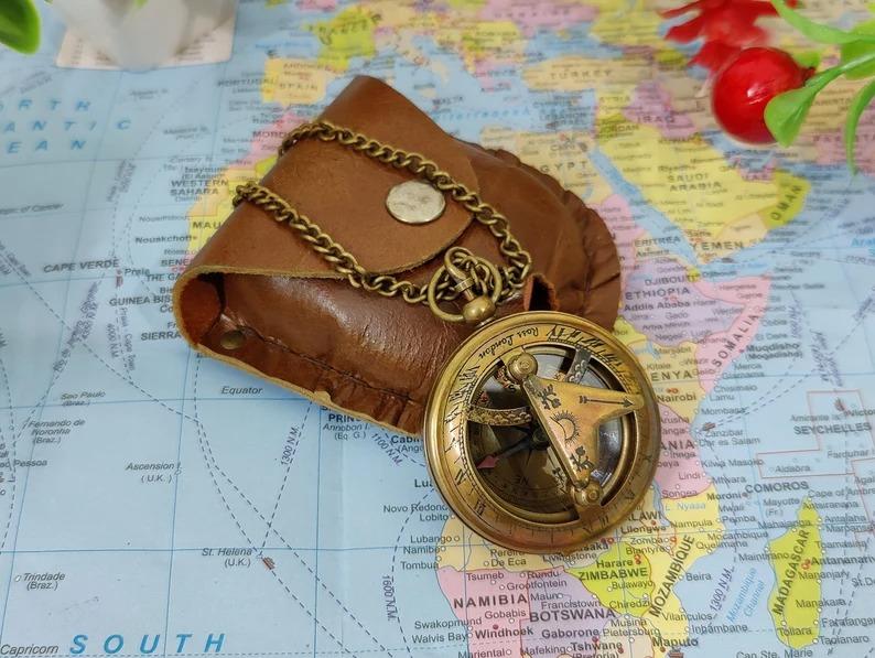 Engraved Brass Nautical Compass with Leather Case, Gift for Him, Perfect & Unique Gift, Personalized Pocket Compass, Brass Sundial Compass