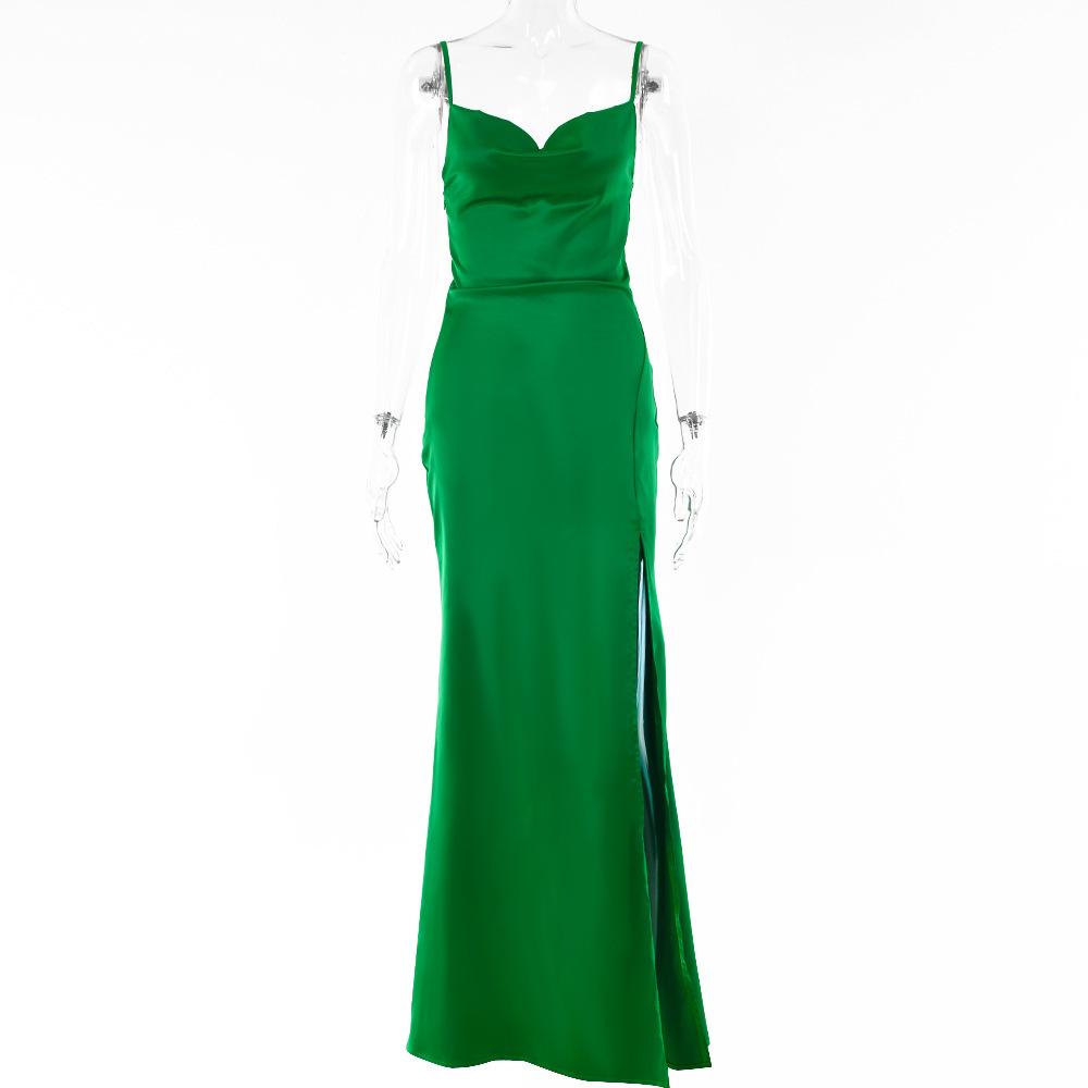 Robe Longue Satinée pour Femme à Col Drapé Bretelles Fines Dos Nu Fente Haute Moulante Sexy Robe de Soirée Cocktail Invité de Mariage Formelle