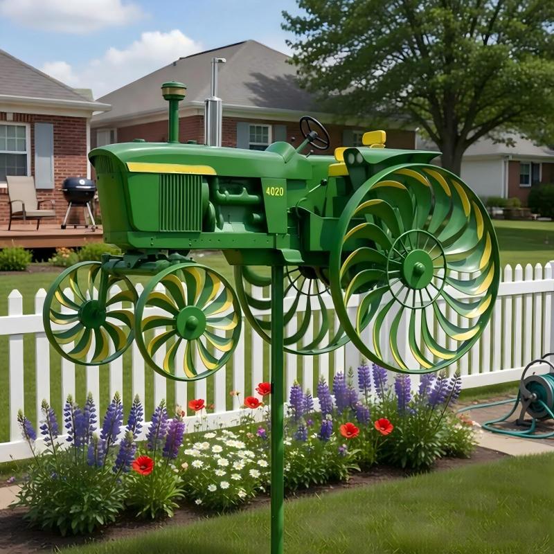 Garden Wind Spinner, Green Tractor Windmill Stake With Rotating Wheels For Patio Yard Garden, Unique Outdoor Sculptures Ornament