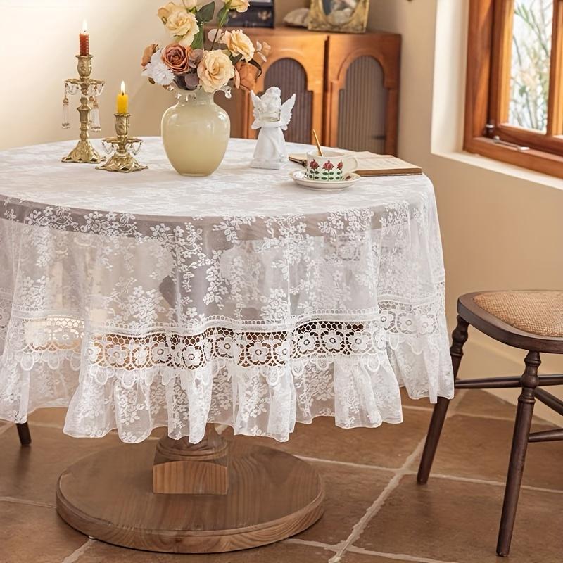 Vit spetsbroderad rund duk, blommönster, vintagecharm för matsal, sovrum, café, festdekoration
