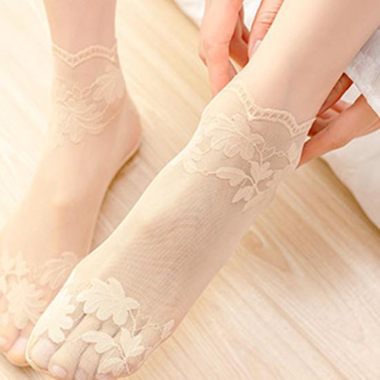1 Pair Invisible Anti-Skid Women Socks Lace Flower Print Thin Shallow Socks for Daily Wear