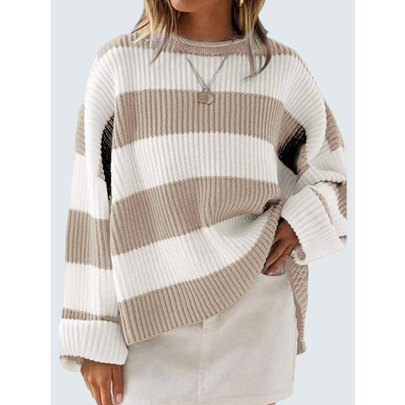 Crew Neck Long Sleeve Striped Knitted Sweater European and American Women's Clothing Horn Sleeve Loose Sweater Women