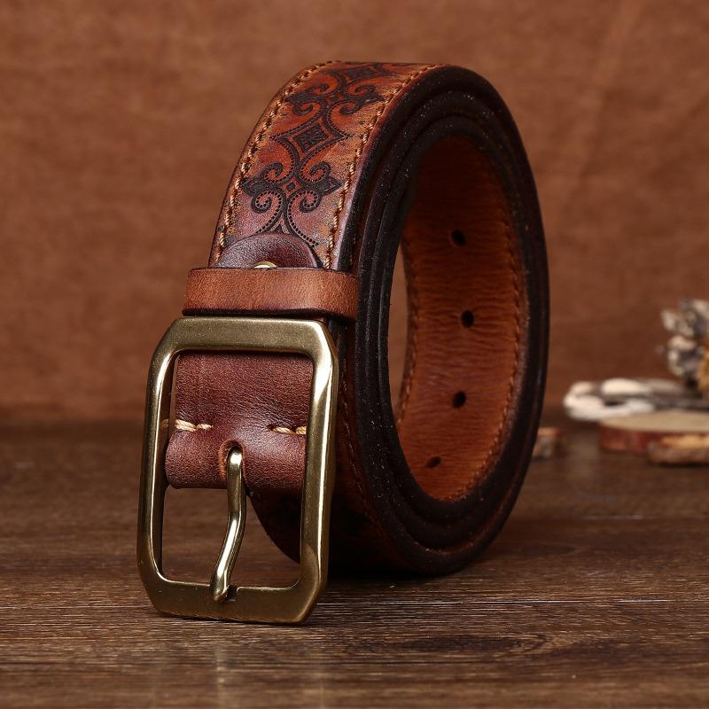 Belt Men's Copper Pin Buckle Thickened First Layer Cowhide Men's Genuine Leather Retro Engraved Export Belt Locomotive Men's Models