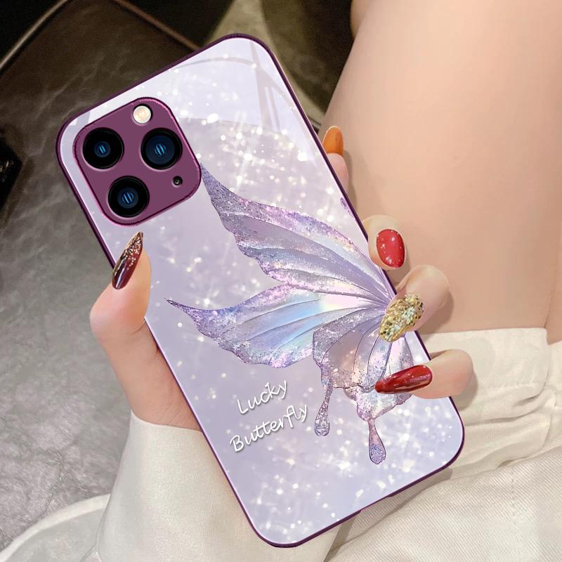 Dreamy Butterfly Far Peak Blue For IPhone 15 Pro 14 13 12 Mini 11 XS Max XR 7 8 Plu SE 2020 2022 Tempered Glass Phone Case
