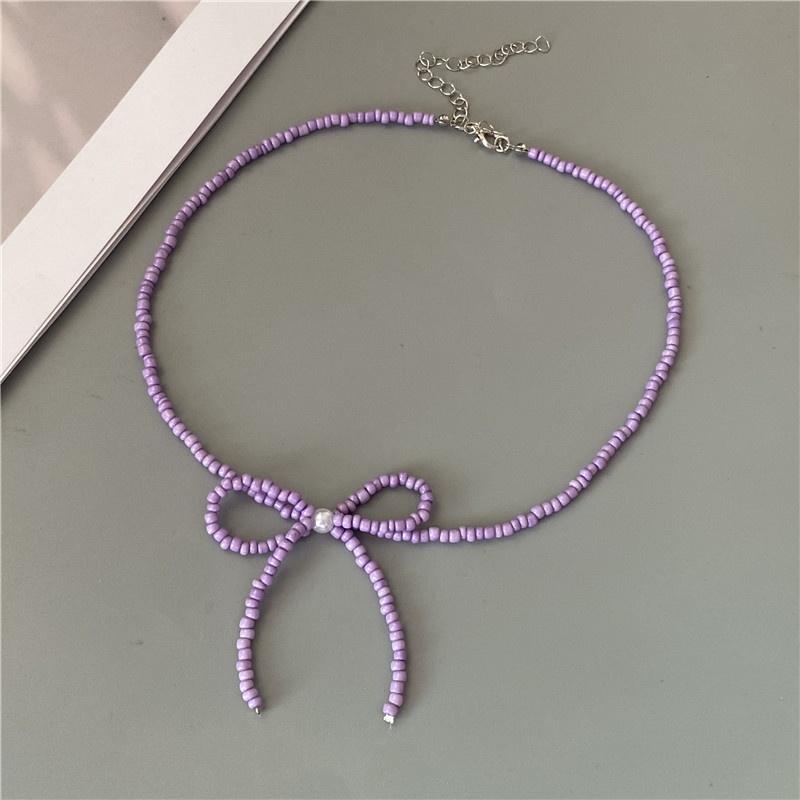 Korean Fashion Knotbow Choker Necklace for Girl Trendy Romantic Handmade Rice Beads Short Neck Jewelry Gift for Friend