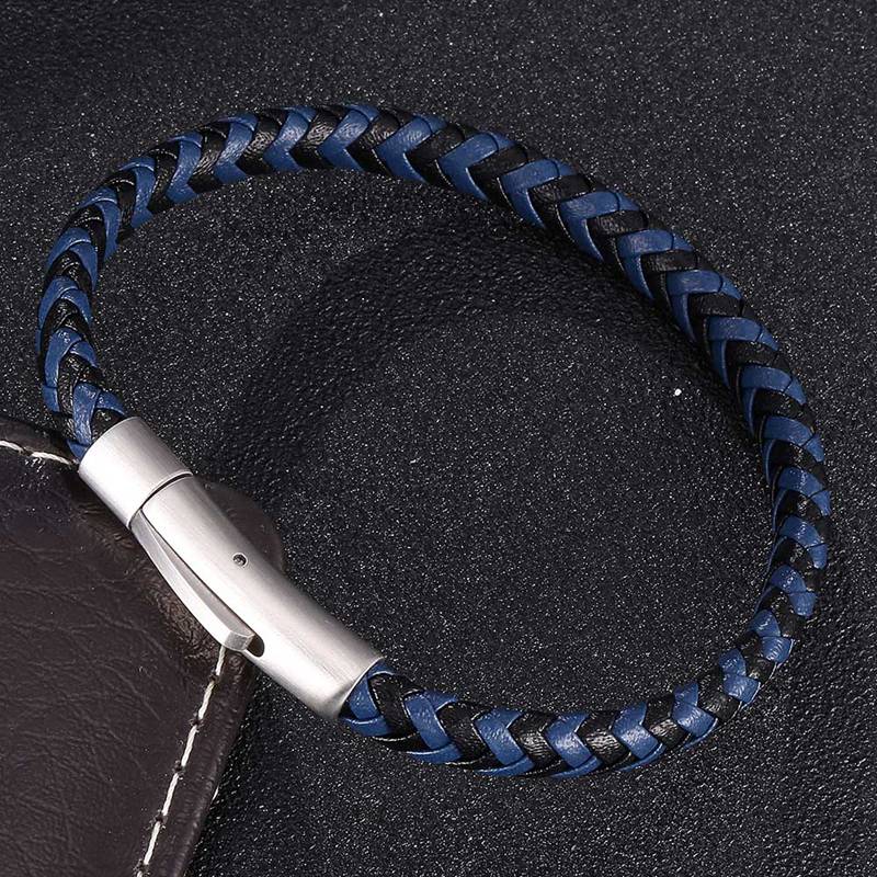 Neue Mode Schwarz Blau Geflochtenes Leder Herren Armreifen Armband Schmuck Druckknopf Charm Herrenarmband Geschenk BB523