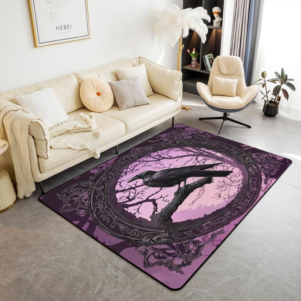 Cute Black Bat Large Area Rug 5x7, Floral Plant Leaves Living Room Rug, Starry Sky Moon Galaxy Rugs for Bedroom Boho Exotic European Style C