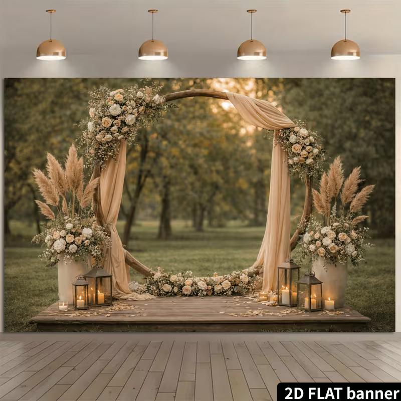 Sfondo Nuziale Boho 2D con Arco Floreale Rotondo Sfondo Fotografico