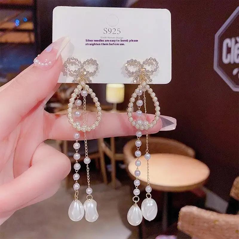 1 Pair Dangle Earrings Bowknot Shape Shining Rhinestones Lady Earrings Heart Imitation Pearls Tassel Jewelry Accessory