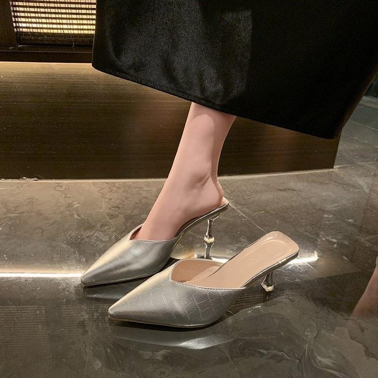 Baotou Slippers, Half-heeled Shoes, Women s New Pointed-toe Shoes, High-heeled Sandals 35 серебряный