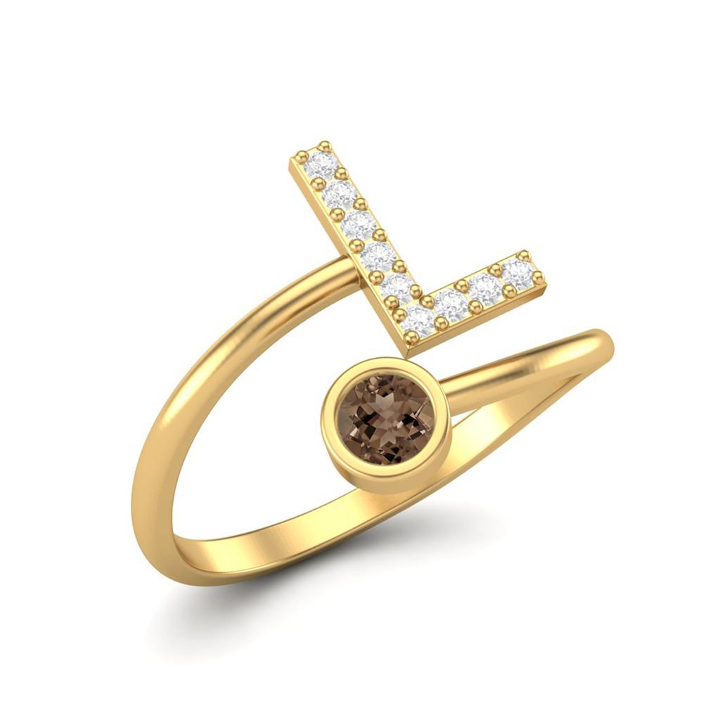 Capital L Initial Letter 3MM Round Smoky Quartz 925 Sterling Silver Gold Vermeil Women Adjustable Wedding Ring